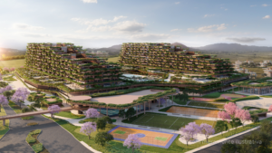 Terra All Resort building facade render with golf and tennis amenities in Porto Belo